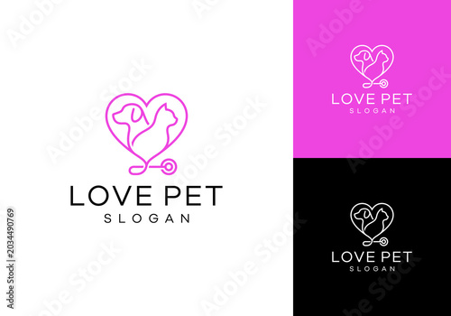 Minimalist Line Art Logo Design Featuring a Heart Shape Formed by a Dog and Cat Silhouette with a Stethoscope Integrated