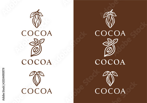 Elegant collection of stylized cocoa bean and pod line art logos, ideal for premium chocolate product branding, confectionery packaging, and artisanal cafe identity designs