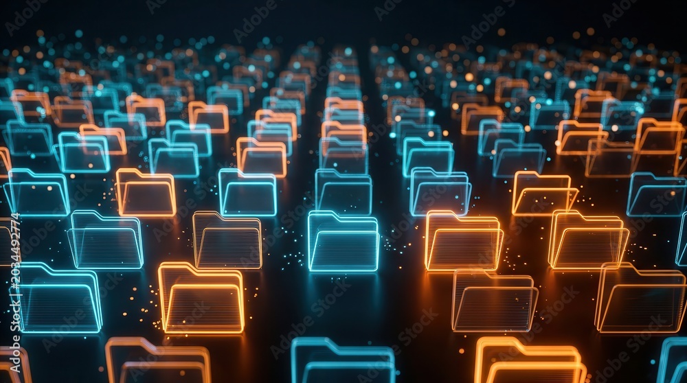 Fototapeta premium Digital data flow through a futuristic network grid of glowing folder nodes for secure storage.
