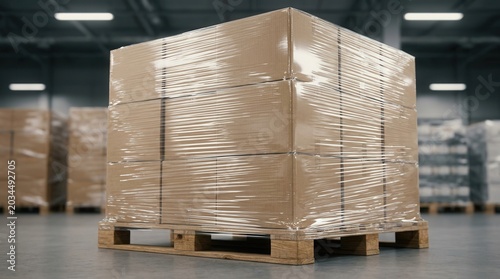 Wrapped carton load on a wooden pallet demonstrating pallet wrapping for protection.