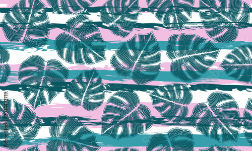 Philodendron bush leaves floral seamless ornament over stripes background. Vi...