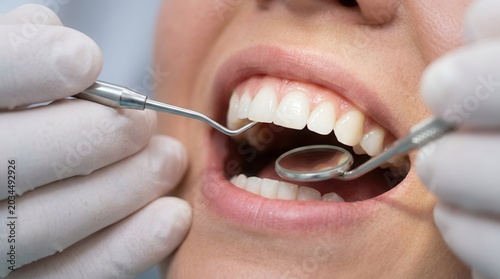 Professional dental examination showing a probe and mirror used for periodontics and restorative dentistry.