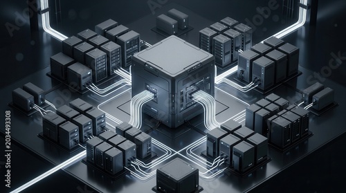 Integrated enterprise resource planning system showing modular data center node with server, storage, and network components.