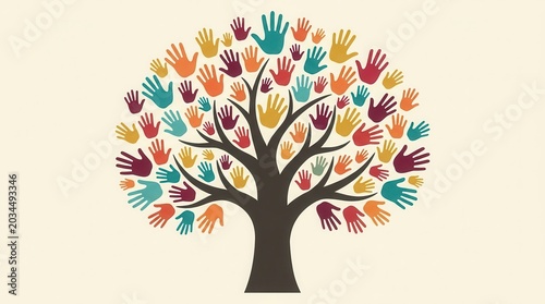A diverse community tree made of colorful hands representing philanthropy and charity.