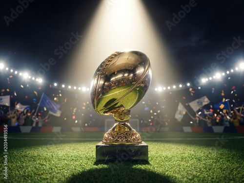 Golden Rugby Trophy on a Hallowed Field: A gleaming golden rugby trophy stands majestically at midfield under stadium lights, with cheering crowds and waving flags in the background.