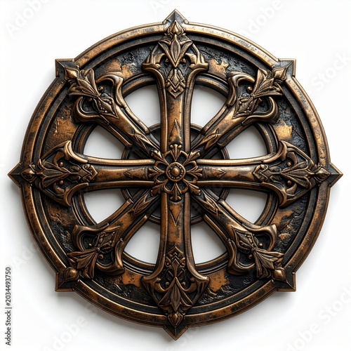 Ornate Bronze Cross Emblem with Intricate Details on White Background