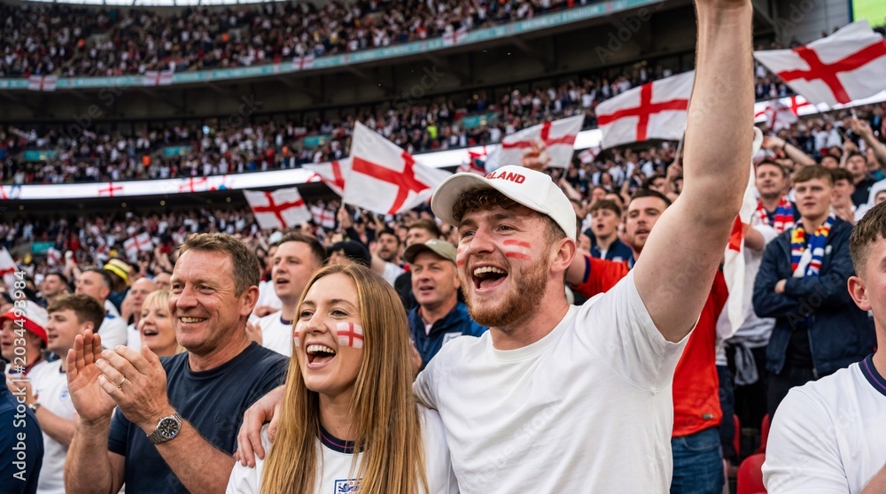 Fototapeta premium England football fans cheering inside packed football stadium. Happy people watching a game