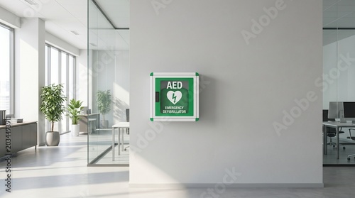 Automated External Defibrillator AED Mounted on Office Wall
