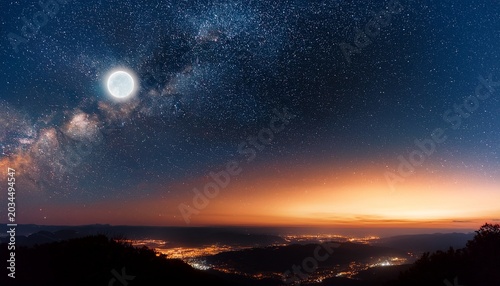 A Starry Sky With The Moon And Stars Shining Brightly In It While On Earth There Is An Orange Glow Of Light From Below Creating A Beautiful Night Scene