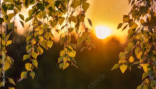 Golden Light Illuminates Fresh Birch Leaves During A Peaceful Sunset Or Sunrise