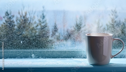 Warm Mug Near A Frosty Window With Falling Snow Outside