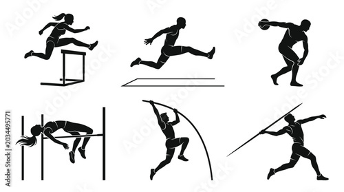 Athletics sports silhouettes of athletes competing in track and field events
