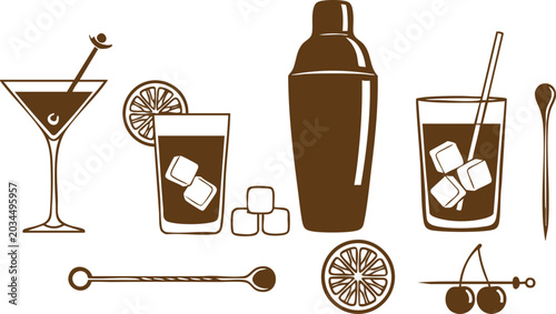 Bild auf Leinwand Illustrative collection of cocktail making tools and drinks Vector