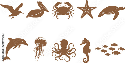 Schilderij op canvas Set of brown sea creature and ocean animal silhouettes Vector
