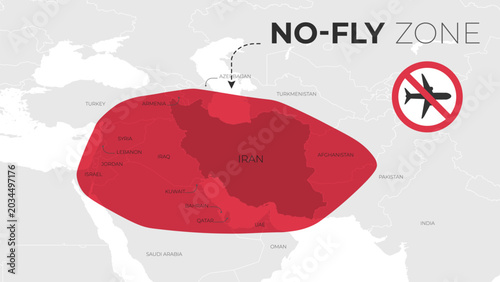 Political map showing Iran no-fly zone over the Middle East.