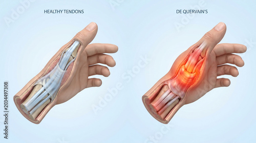 De Quervain's tenosynovitis medical anatomy illustration comparing healthy hand tendons with inflamed painful wrist sheath