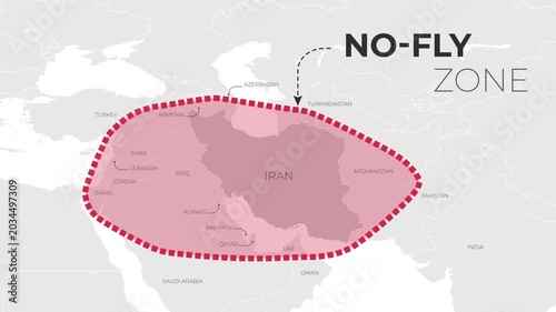 Animated political map showing Iran no-fly zone and restricted Middle East airspace.