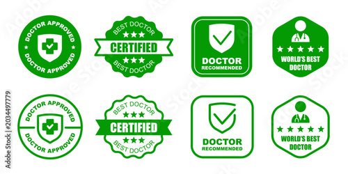 Best doctor badge set, certified physician labels, approved healthcare emblems, recommended medical specialist