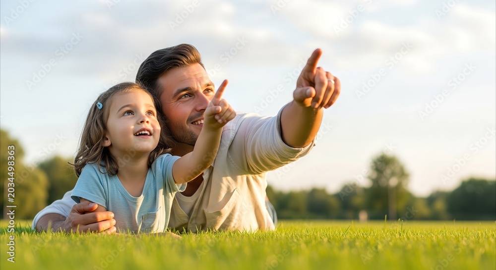 Fototapeta premium Father and daughter pointing at sky, enjoying a tranquil family moment outdoors in warm sunlight
