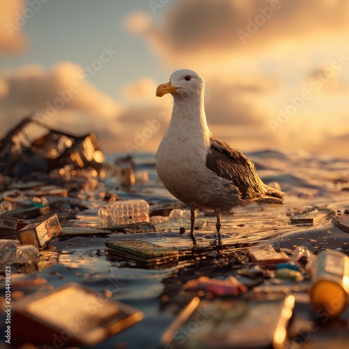 A seagull standing on floating ocean garbage and plastic debris during a dramatic golden sunset. AI generated image