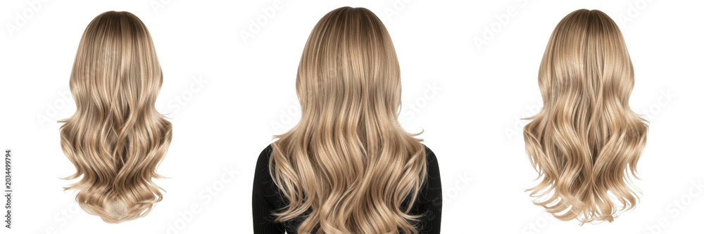 Naklejka premium Set of Three Wavy Blonde Hair Styles Back View Isolated PNG. Realistic Long Blonde Hairstyle Collection for Beauty Salon Design, Hair Extensions, Haircut Mockups, Fashion Graphic Projects, and Digital