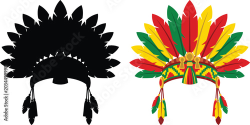 Bild auf Leinwand Traditional Native American tribal chief feathered headdress war bonnet showing both the solid black silhouette and one vibrant colorful detailed indigenous design