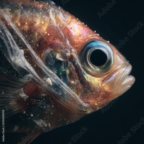 A close-up macro shot of a fish with its body wrapped and trapped inside a discarded plastic bag underwater. AI generated image