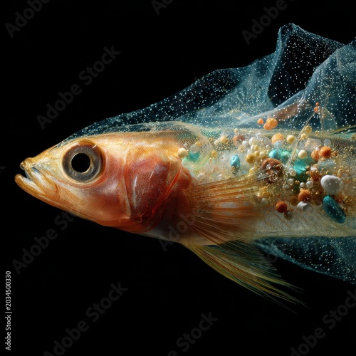 A close-up macro shot of a fish with its body wrapped and trapped inside a discarded plastic bag underwater. AI generated image