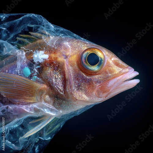 A close-up macro shot of a fish with its body wrapped and trapped inside a discarded plastic bag underwater. AI generated image