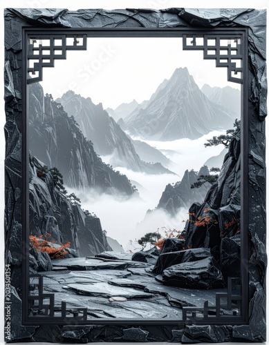 Pixelated Misty Mountainscape Displayed in Intricate Decorative Frame With Eastern Style
