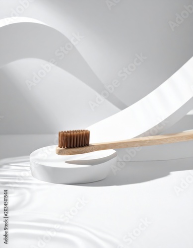 Eco Friendly Bamboo Toothbrush on White Pedestal with Elegant Lighting