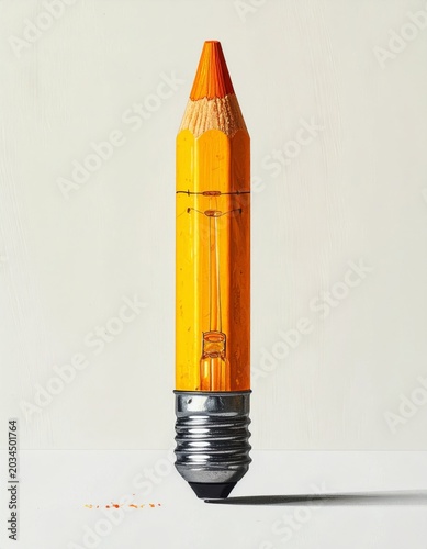 Yellow Pencil Light Bulb Hybrid on White Seamless Backdrop