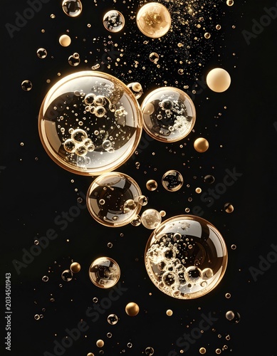 Abstract Spherical Golden Bubbles Floating on a Dark Background Art