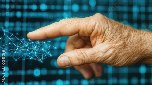 Elderly hand interacts with digital network, data background