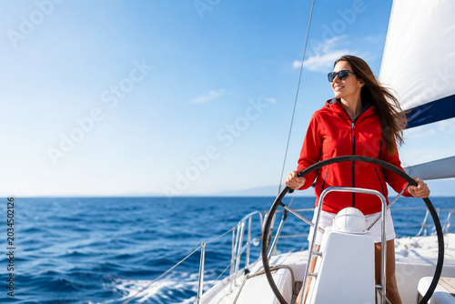 Smiling young woman in a red jacket and sunglasses steering a sailboat during a sunny day at sea