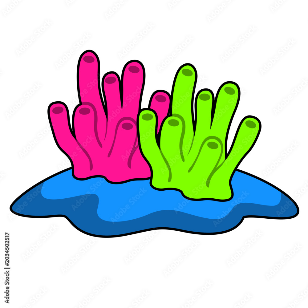 Fototapeta premium Pink and green finger corals on blue rock, marine life, vector icon.