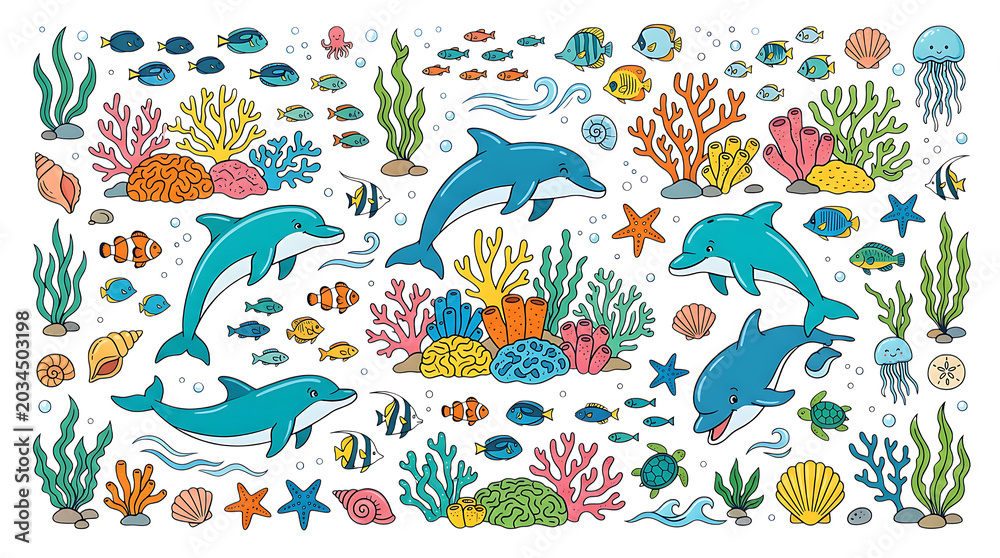 Obraz premium Colorful ocean creatures on white background with dolphins and fish