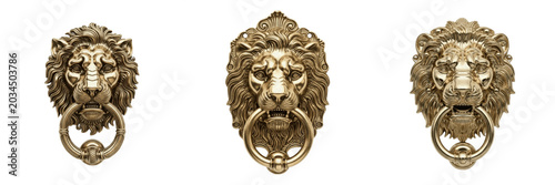 Fotografie Set of Three Ornate Antique Brass Lion Head Door Knockers, Decorative Vintage Me