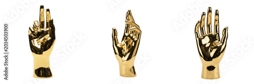 Tableau sur toile Golden Hand Mannequin Set Isolated on White Background, Shiny Metallic Jewelry D