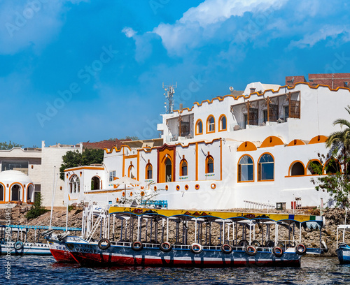 Colorful Nubian traditional house on the bank of the Nile. Aswan Egypt