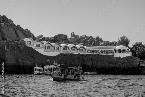 Nubian traditional house on the bank of the Nile. Black and white. Aswan Egypt