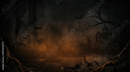 Foggy haunted landscape background with bats and distant house silhouettes. Halloween eerie scene concept.