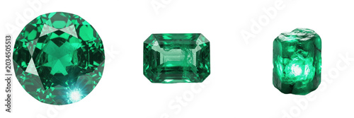 Bilde på lerret Precious green emerald gemstone set with round brilliant and emerald cut facets,
