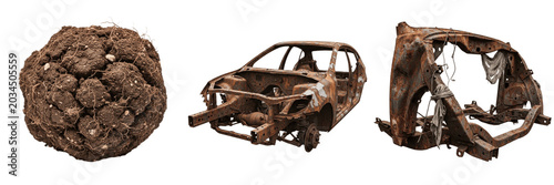 Bild auf Leinwand Crushed scrap metal ball and rusted car chassis wreckage set, destroyed automobi