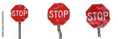Photos Damaged and broken red stop sign set with bullet holes, cracked surfaces, and be