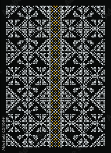 Traditional cross-stitch embroidery ornament for vyshyvanka clothes from Ukrainian Chernihiv region in white and yellow for dark backgrounds