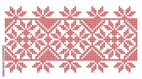 Red cross-stitch Chernihiv, Ukraine embroidery pattern, traditional folk ornament with star elements