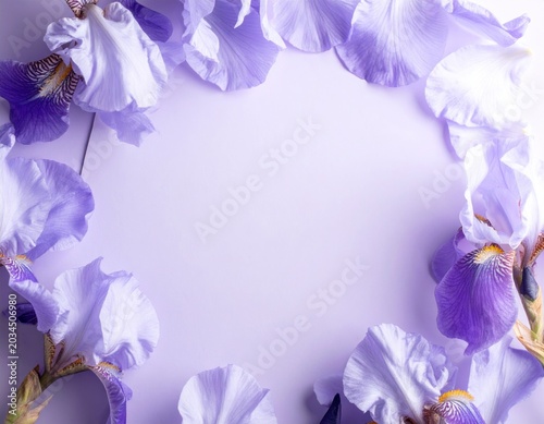 Floral Frame of Purple Iris Flowers on Light Purple Background Copy Space
