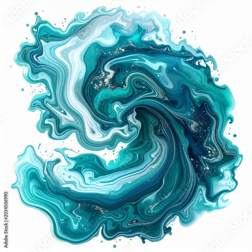 Swirling Teal Blue and White Abstract Fluid Art on White Background