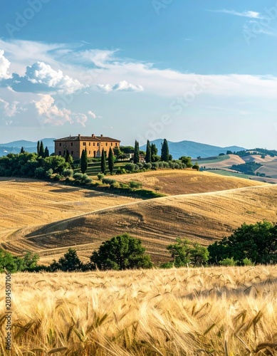 Golden Tuscany Landscape with Farmhouse Under Partly Cloudy Skies